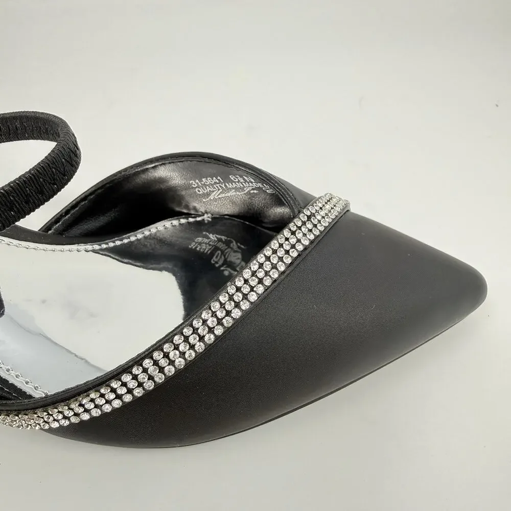 Easy Street Unna Slingback Pumps Black Satin Rhinestone Kitten Heel Women’s 6.5N